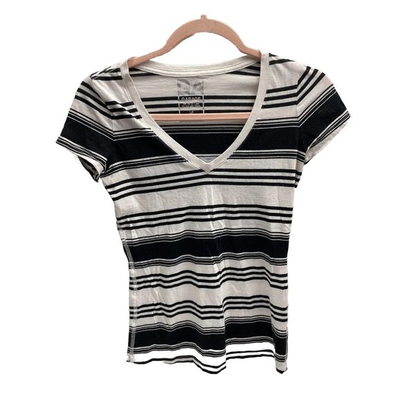 Garage T-shirt Small Womens Black and White Stripped T-Shirt with V-Neck - Picture 1 of 11